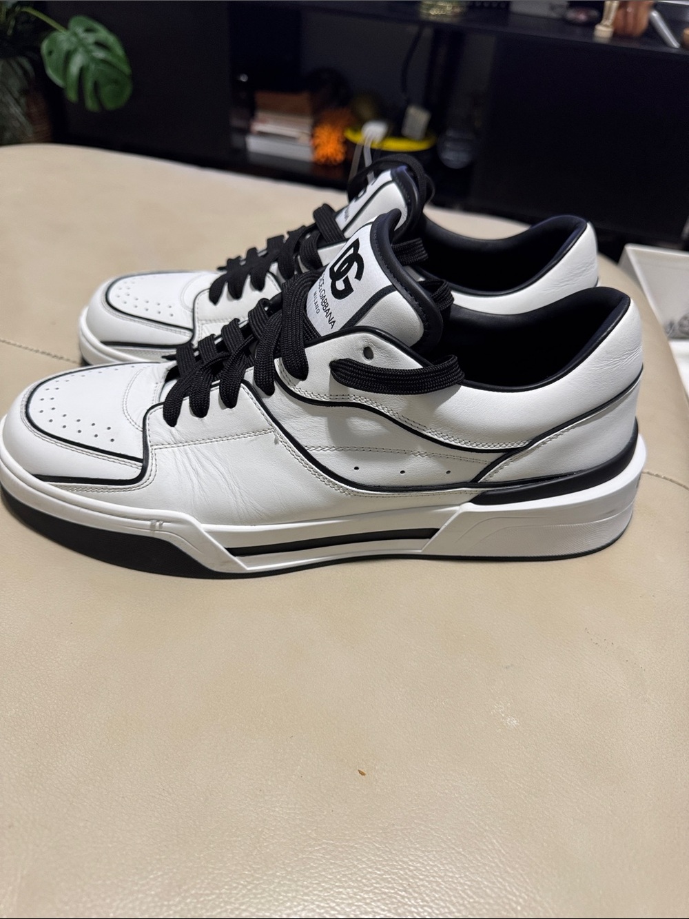 Dolce & Gabbana White and Black Low-Top Leather Sneakers
